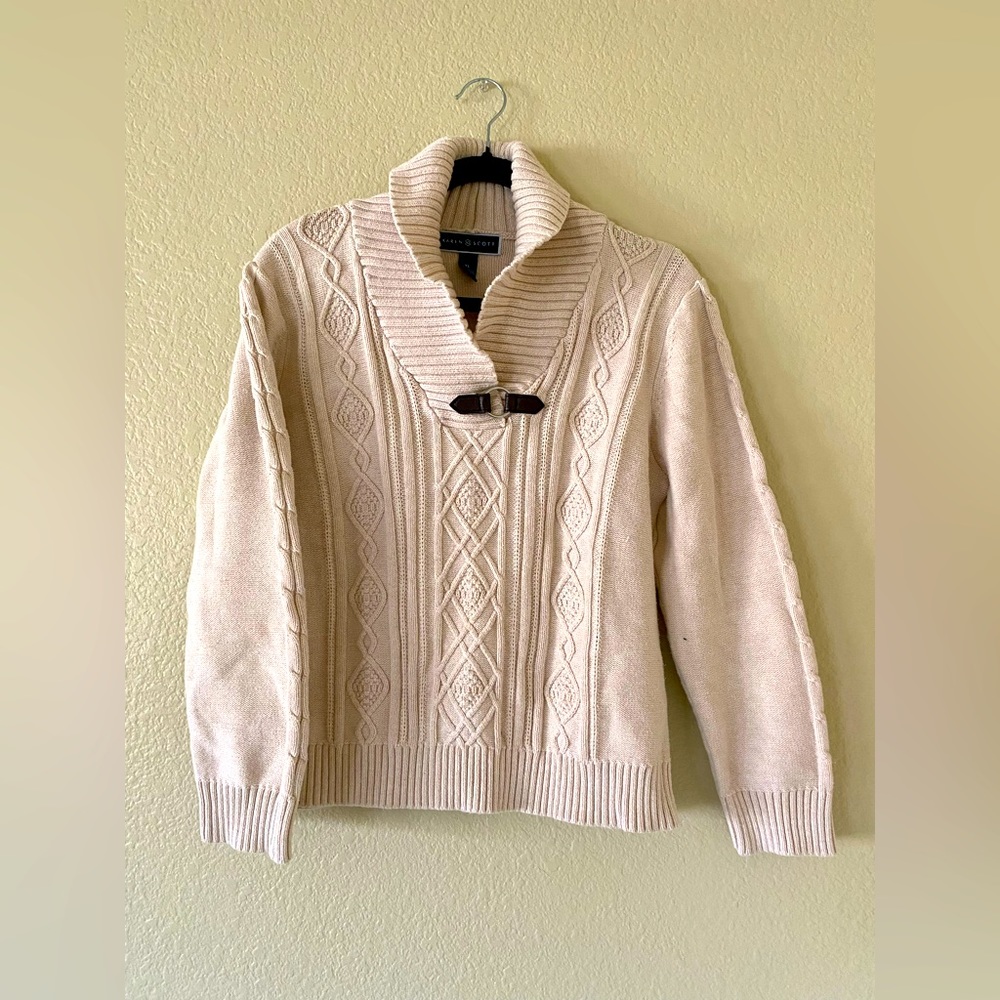 Karen Scott Womens Cable Knit Sweater W/ Faux Leather Accent